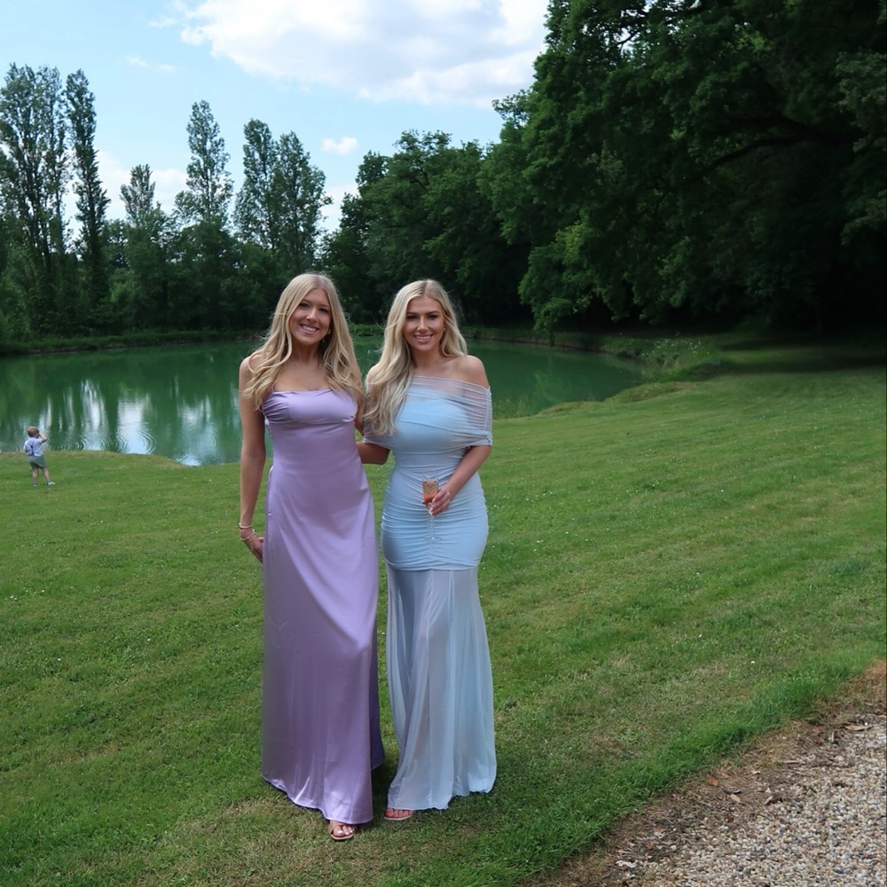 Off-Shoulder light blue Ruched Mesh Evening Dress - Picture 3 of 3
